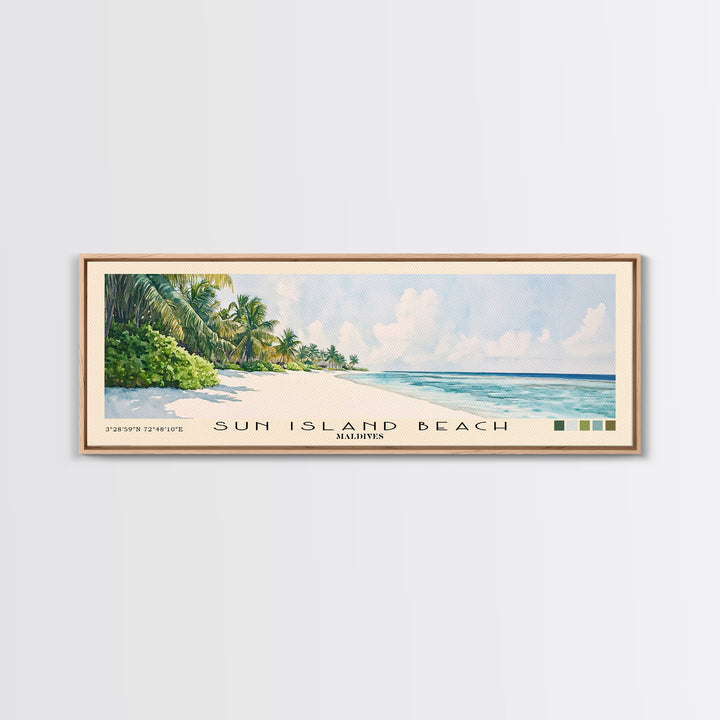 Sun Island Beach, Maldives Watercolor Print, Vacation Gift, Maldives Wall Art, Beach Painting, Beach Decor, Large Wall Art, Wood Frame Art