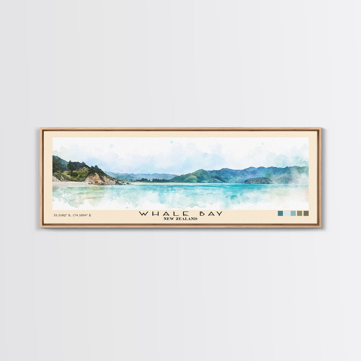 Whale Bay, New Zealand Watercolor Print, Vacation Gift, New Zealand Wall Art, Beach Painting, Beach Decor, Large Wall Art, Wood Frame Art