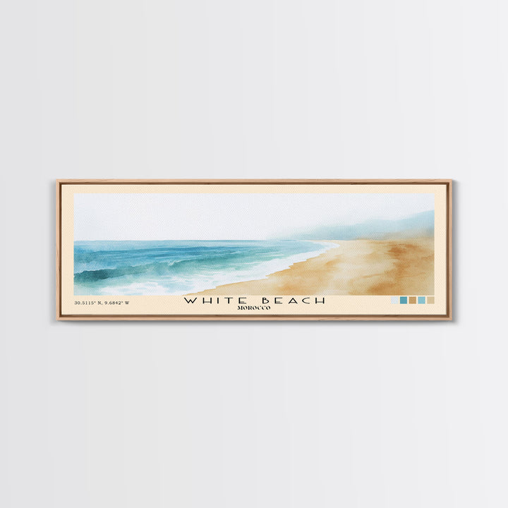 White Beach, Morocco Watercolor Beach Print, Vacation Gift, Morocco Wall Art, Framed Canvas Print, Framed Beach Painting