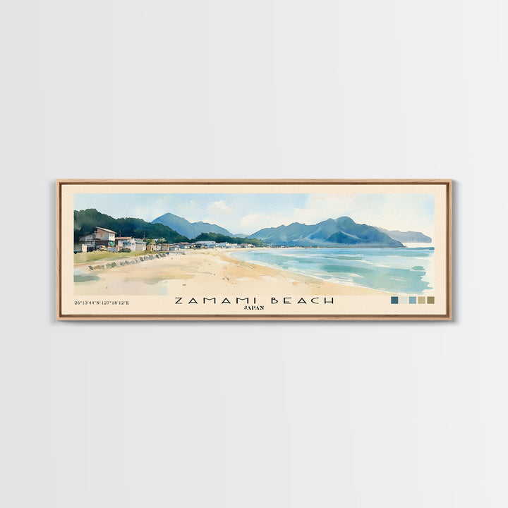 Zamami Beach, Japan Watercolor Beach Print, Vacation Gift, Japan Wall Art, Framed Canvas Print, Framed Beach Painting