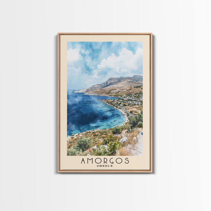 Amorgos, Greece Watercolor Print, Vacation Gift, Greece Wall Art, Beach Painting, Beach Decor, Large Wall Art, Wood Frame Art