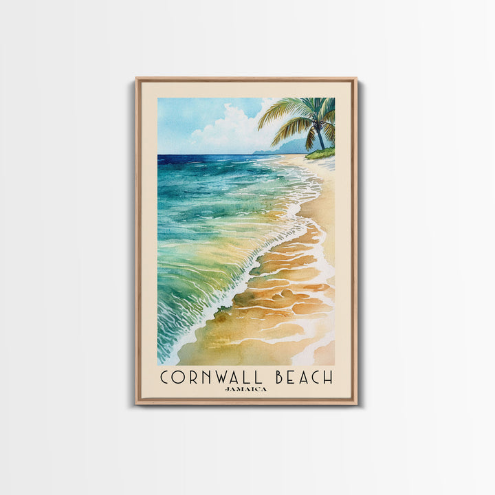 Cornwall Beach, Jamaica Watercolor Beach Print, Vacation Gift, Jamaica Wall Art, Framed Canvas Print, Framed Beach Painting