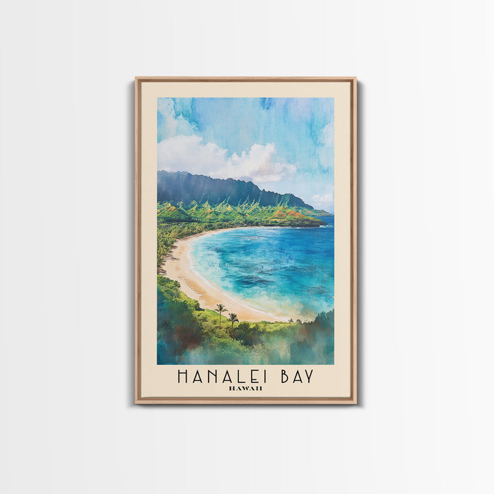 Hanalei Bay, Hawaii Watercolor Beach Print, Vacation Gift, Hawaii Wall Art, Framed Canvas Print, Framed Beach Painting