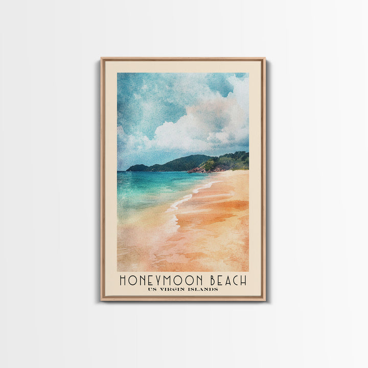 Honeymoon Beach, US Virgin islands Watercolor Beach Print, Vacation Gift, US Virgin islands Wall Art, Framed Canvas Print, Framed Beach Painting