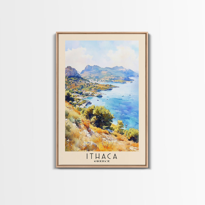 Ithaca, Greece Watercolor Print, Vacation Gift, Greece Wall Art, Beach Painting, Beach Decor, Large Wall Art, Wood Frame Art