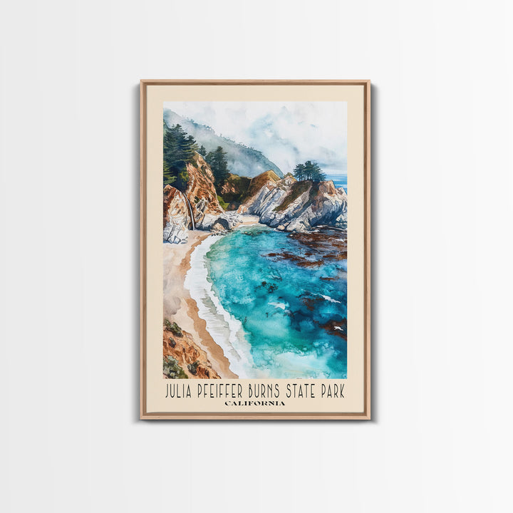 Julia Pfeiffer Burns State Park, California Watercolor Beach Print, Vacation Gift, California Wall Art, Framed Canvas Print, Framed Beach Painting