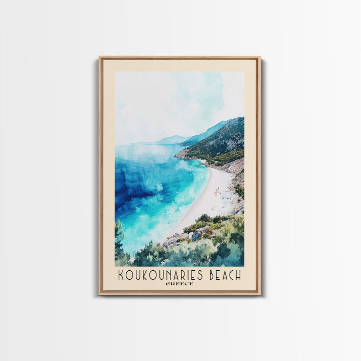 Koukounaries Beach, Greece Watercolor Beach Print, Vacation Gift, Greece Wall Art, Framed Canvas Print, Framed Beach Painting