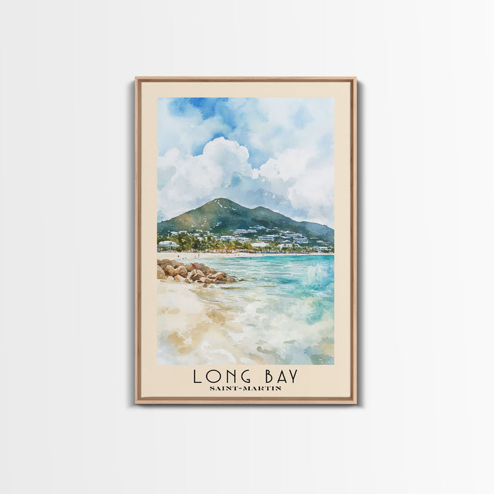 Long Bay, Saint-Martin Watercolor Print, Vacation Gift, Saint-Martin Wall Art, Beach Painting, Beach Decor, Large Wall Art, Wood Frame Art