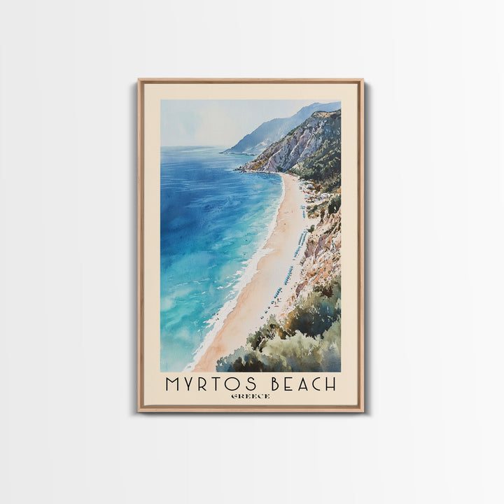 Myrtos Beach, Greece Watercolor Print, Vacation Gift, Greece Wall Art, Beach Painting, Beach Decor, Large Wall Art, Wood Frame Art