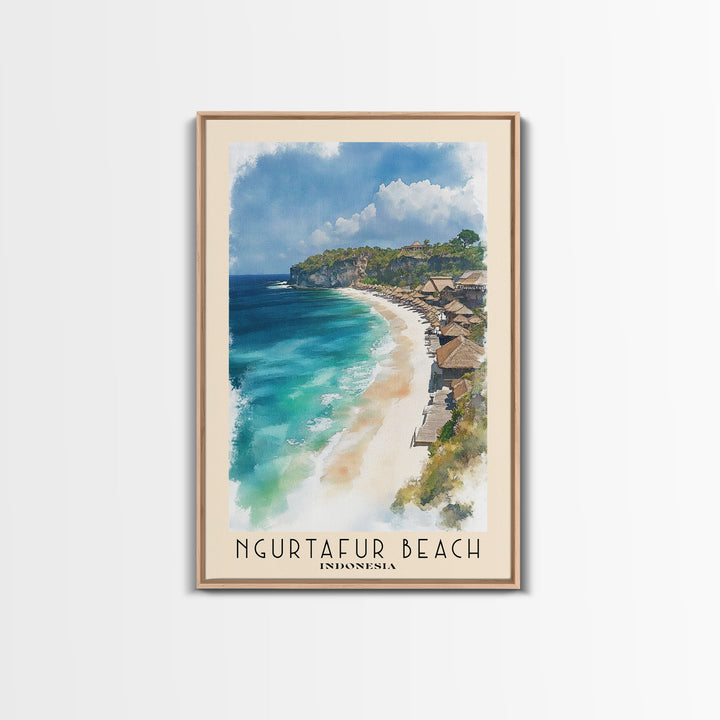 Ngurtafur Beach, Indonesia Watercolor Beach Print, Vacation Gift, Indonesia Wall Art, Framed Canvas Print, Framed Beach Painting