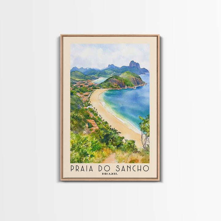 Praia do Sancho, Brazil Watercolor Beach Print, Vacation Gift, Brazil Wall Art, Framed Canvas Print, Framed Beach Painting