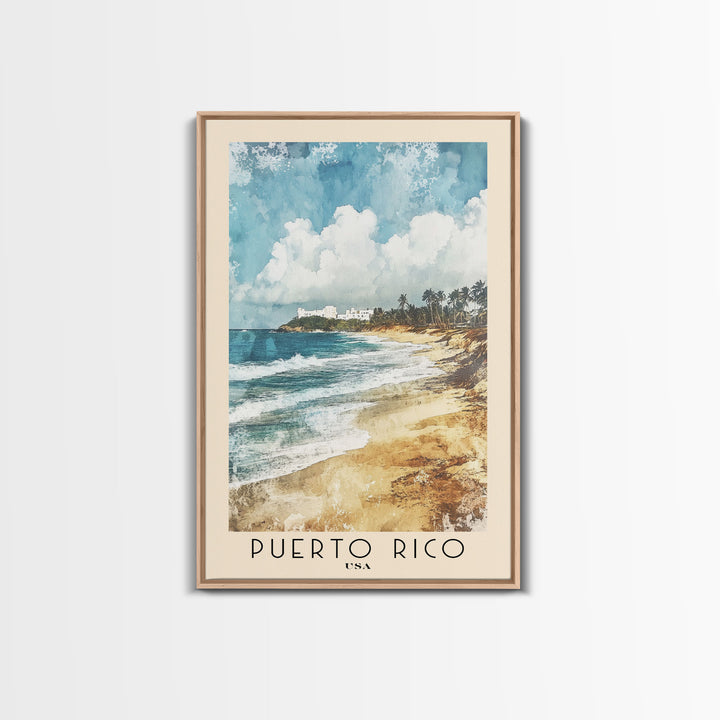 Puerto Rico, USA Watercolor Print, Vacation Gift, USA Wall Art, Beach Painting, Beach Decor, Large Wall Art, Wood Frame Art