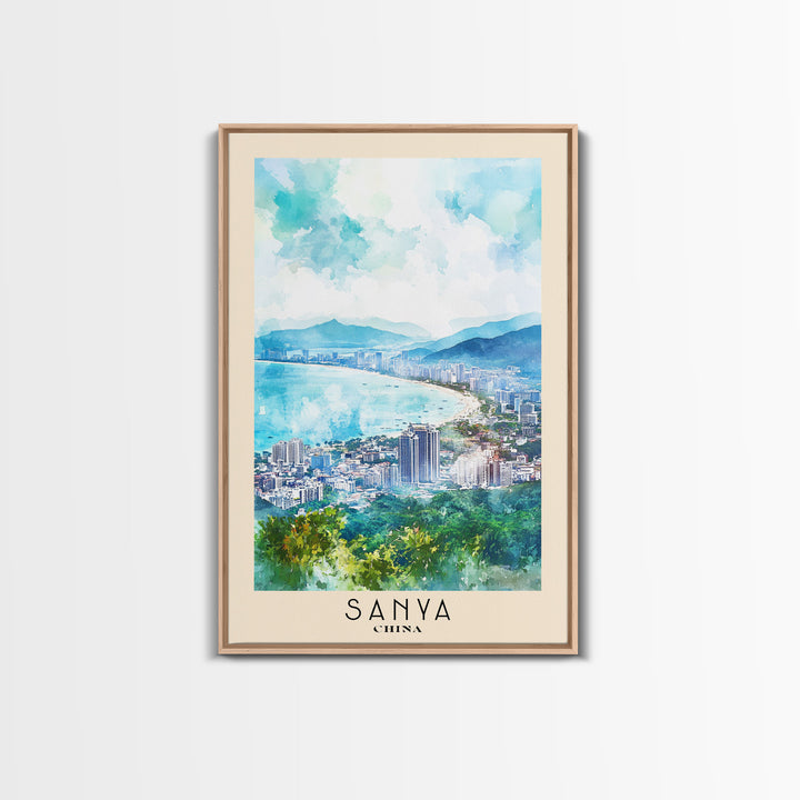 Sanya, China Watercolor Print, Vacation Gift, China Wall Art, Beach Painting, Beach Decor, Large Wall Art, Wood Frame Art