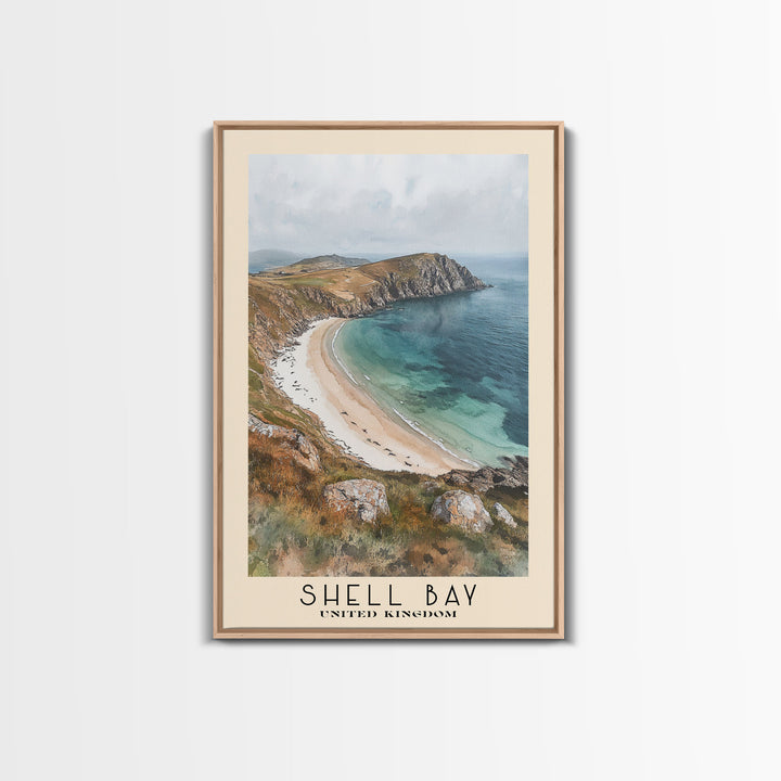 Shell Bay, United Kingdom Watercolor Beach Print, Vacation Gift, United Kingdom Wall Art, Framed Canvas Print, Framed Beach Painting