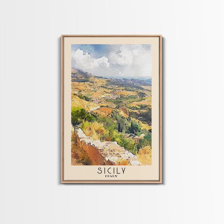 Sicily, Italy Watercolor Beach Print, Vacation Gift, Italy Wall Art, Framed Canvas Print, Framed Beach Painting