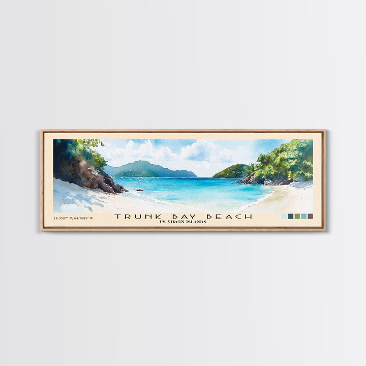 Trunk Bay Beach, US Virgin islands Watercolor Beach Print, Vacation Gift, US Virgin islands Wall Art, Framed Canvas Print, Framed Beach Painting