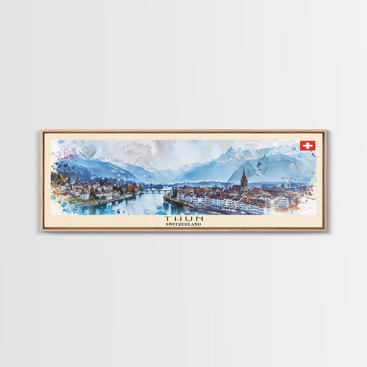 Thun Switzerland Panoramic Travel Poster, Framed Canvas Print or Metal Wall Art, Travel Art, Home Decor, Panoramic Painting, Midcentury Art