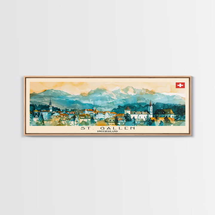 St. Gallen Switzerland Panoramic Travel Poster, Framed Canvas Print or Metal Wall Art, Travel Art, Home Decor, Panoramic Painting, Midcentury Art