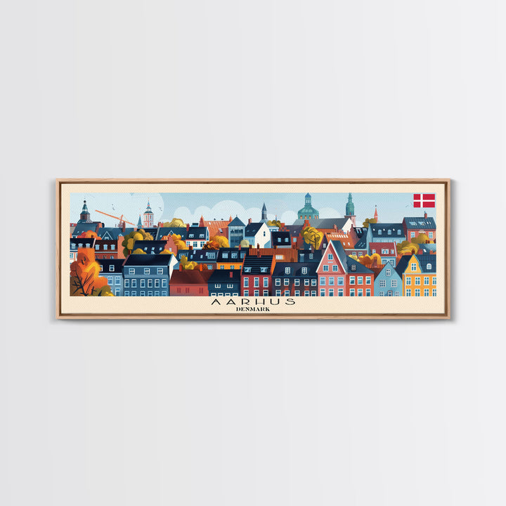 Aarhus Denmark  Panoramic Travel Poster, Framed Canvas Print or Metal Wall Art, Travel Art, Home Decor, Panoramic Painting, Midcentury Art