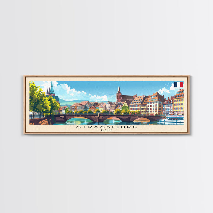 Strasbourg France Panoramic Travel Poster, Framed Canvas Print or Metal Wall Art, Travel Art, Home Decor, Panoramic Painting, Midcentury Art