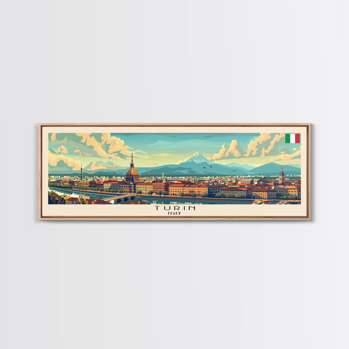 Turin Italy Panoramic Travel Poster, Framed Canvas Print or Metal Wall Art, Travel Art, Home Decor, Panoramic Painting, Midcentury Art