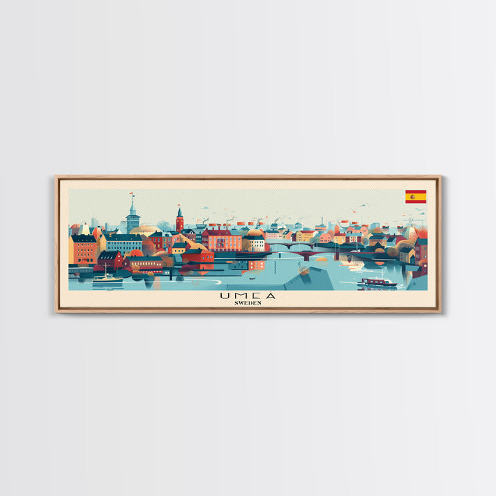 Ume Sweden Panoramic Travel Poster, Framed Canvas Print or Metal Wall Art, Travel Art, Home Decor, Panoramic Painting, Midcentury Art