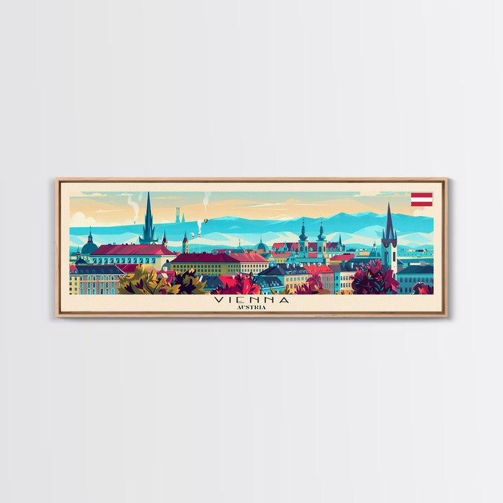 Vienna Austria Panoramic Travel Poster, Framed Canvas Print or Metal Wall Art, Travel Art, Home Decor, Panoramic Painting, Midcentury Art