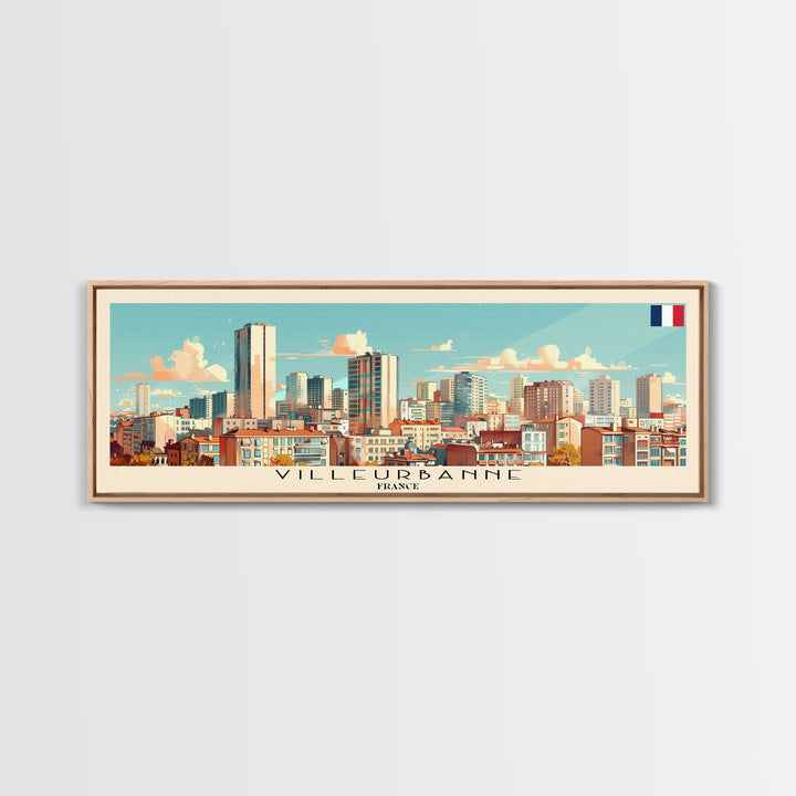 Villeurbanne France Panoramic Travel Poster, Framed Canvas Print or Metal Wall Art, Travel Art, Home Decor, Panoramic Painting, Midcentury Art