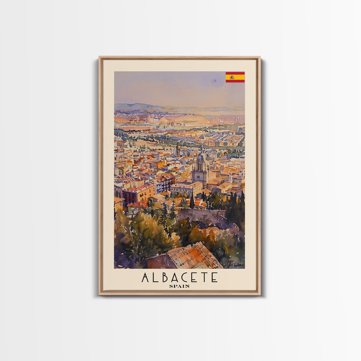 Albacete Spain Skyline Travel Poster Art, Framed Canvas Print, Vibrant Wall Art for Living Room, Bedroom Decor, Home Decoration