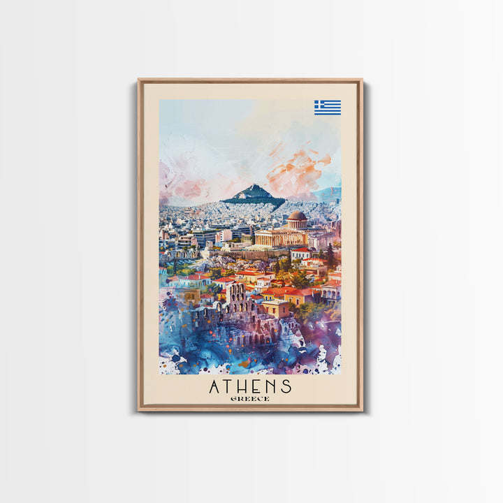 Athens Greece Travel Poster Framed Canvas Print, Wall Art, Home Decor, Vacation Print, Watercolor Painting, Ancient Ruins, Historical Art