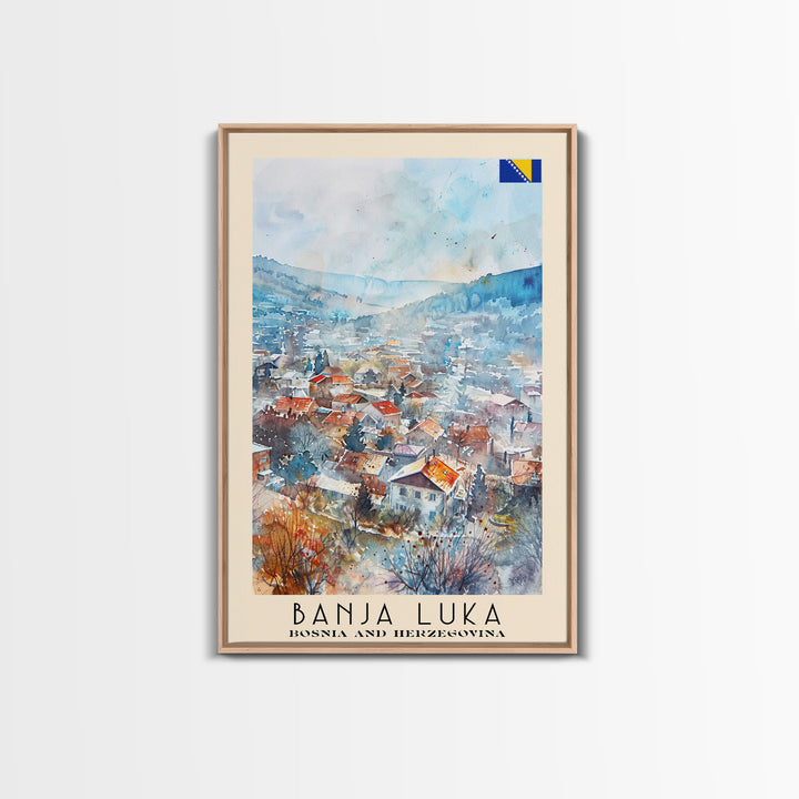 Banja Luka Bosnia Travel Poster Framed Canvas Print, Wall Art, Home Decor, Travel Print, Watercolor Painting, Scenic View, Original Art