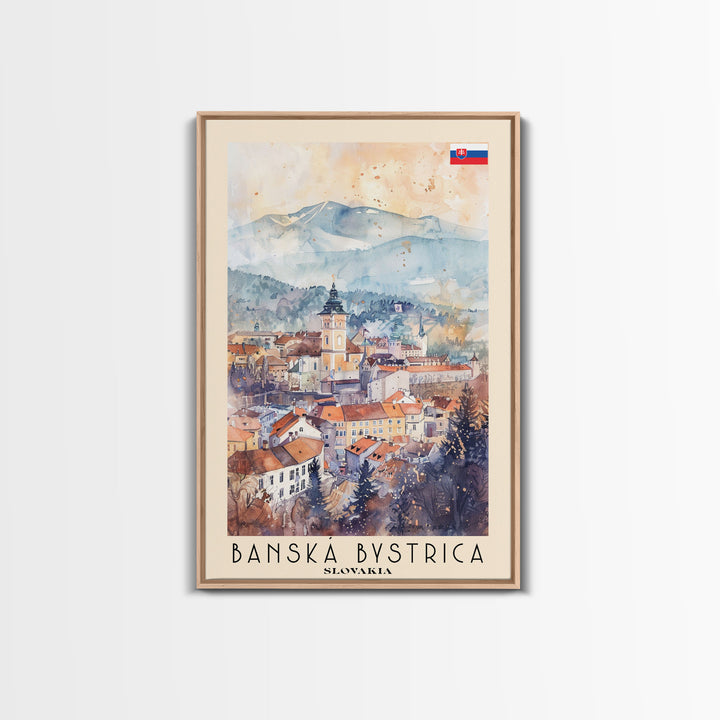 Banska Bystrica Slovakia Travel Poster Framed Canvas Print, Wall Art, Home Decor, Vacation Print, Watercolor Painting, Cityscape Art