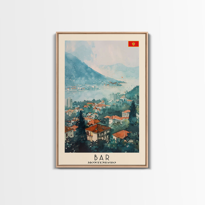 Bar Montenegro Travel Poster Framed Canvas Print, Wall Art, Living Room Art, Watercolor Painting, Original Art, Vacation Gift