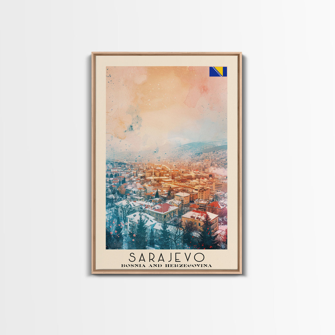 Sarajevo Bosnia and Herzegovina Travel Poster Framed Canvas Print, Watercolor Painting, Historic Wall Art, Home Decor, Bosnian Cityscape, Classic Art