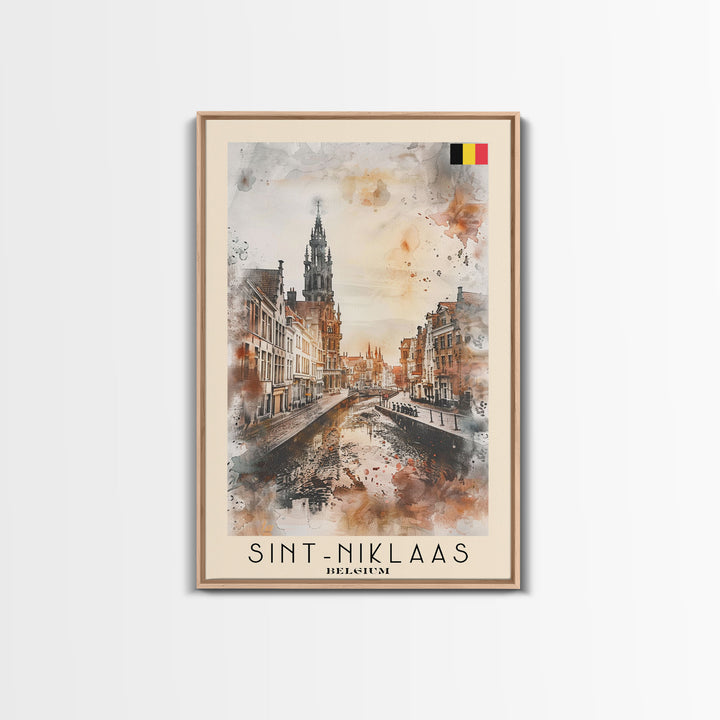 Sint-Niklaas Belgium Travel Poster Framed Canvas Print, Watercolor Painting, Scenic Wall Art, Home Decor, Belgian Cityscape, Classic Decor