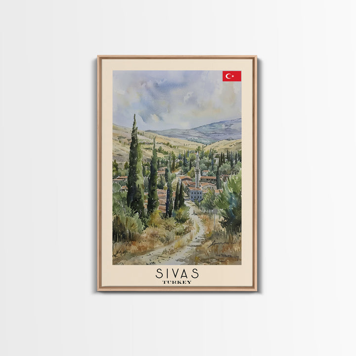 Sivas Turkey Travel Poster Framed Canvas Print, Watercolor Painting, Scenic Wall Art, Home Decor, Turkish Landscape, Modern Art