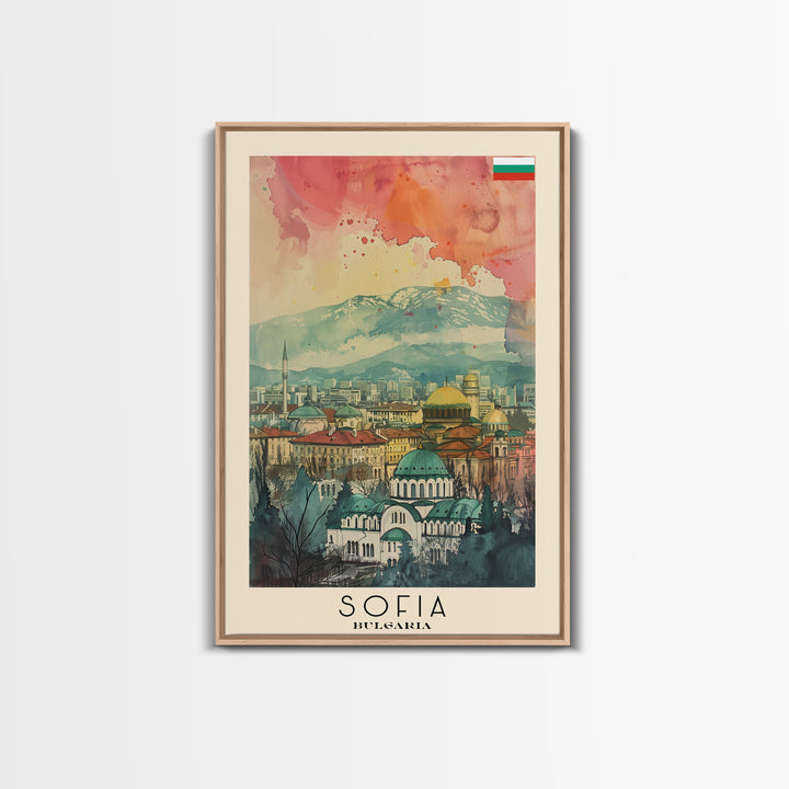 Sofia Bulgaria Travel Poster Framed Canvas Print, Watercolor Painting, Scenic Wall Art, Home Decor, Bulgarian Cityscape, Modern Decor