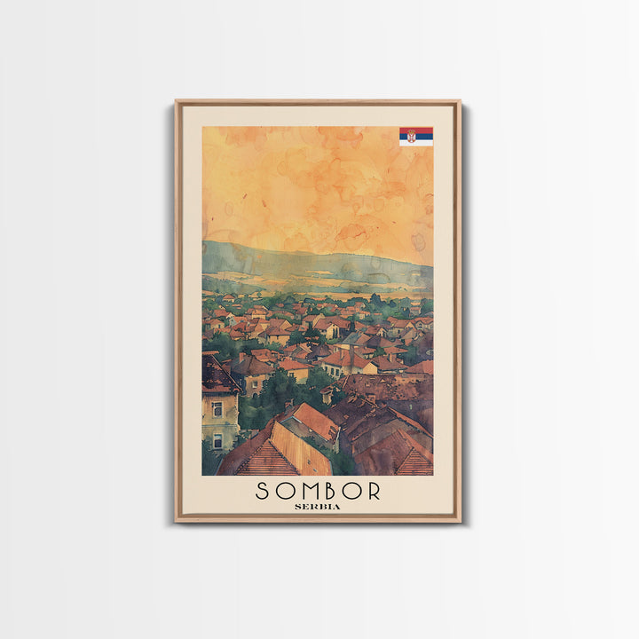 Sombor Serbia Travel Poster Framed Canvas Print, Watercolor Painting, Scenic Wall Art, Home Decor, Serbian Landscape, Classic Art