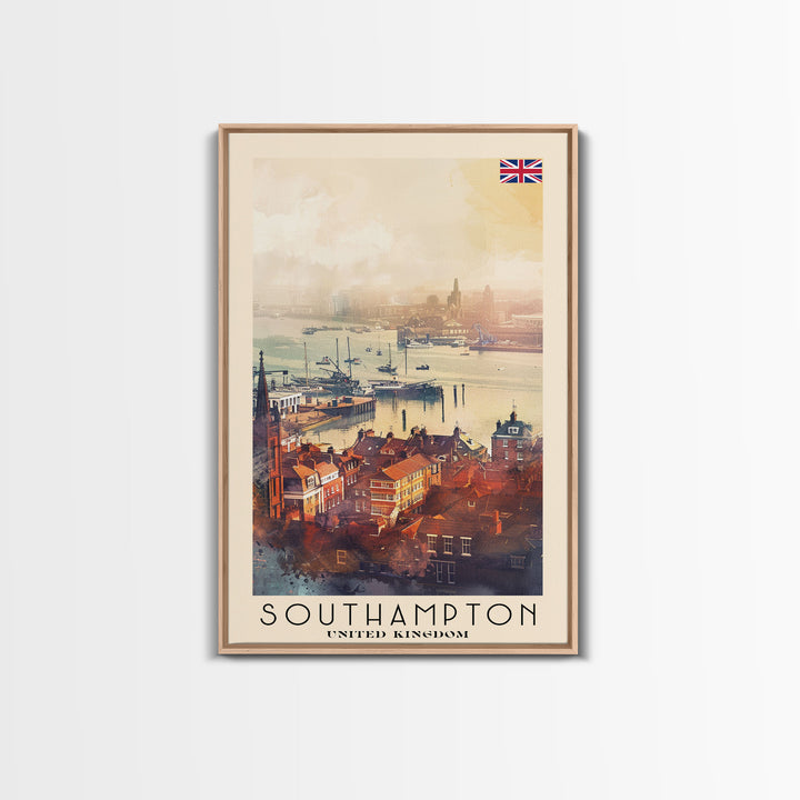 Southampton United Kingdom Travel Poster Framed Canvas Print, Watercolor Painting, Coastal Wall Art, Home Decor, British Seaside, Vibrant Decor