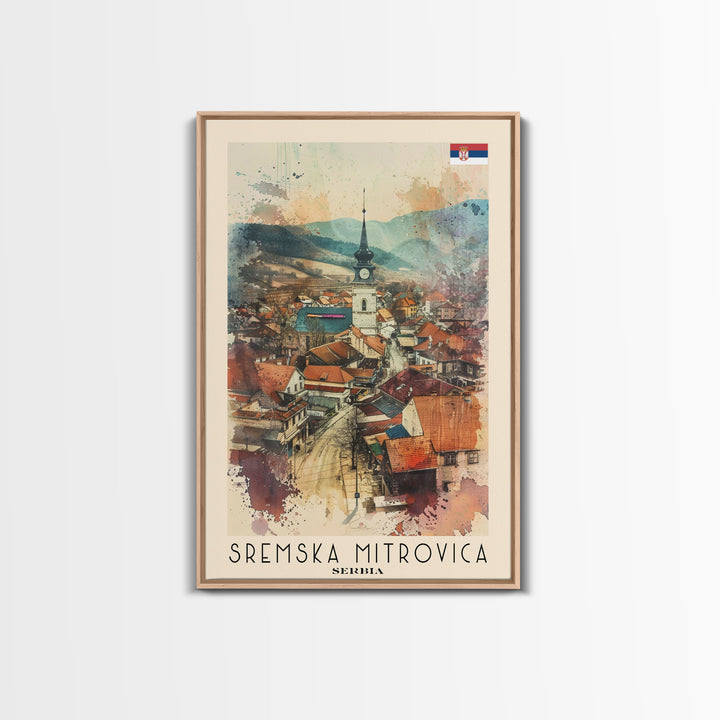 Sremska Mitrovica Serbia Travel Poster Framed Canvas Print, Watercolor Painting, Scenic Wall Art, Home Decor, Serbian Landscape, Artistic Decor