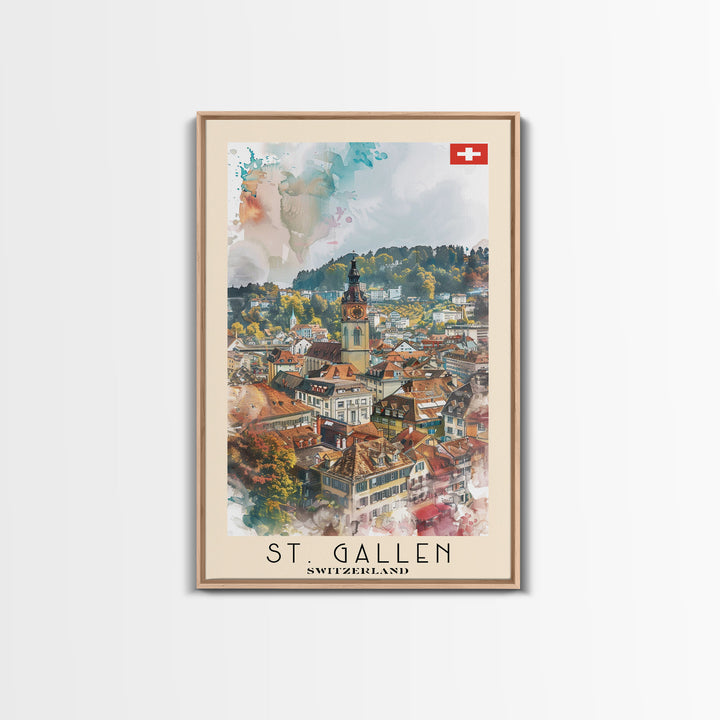 St Gallen Switzerland Travel Poster Framed Canvas Print, Watercolor Painting, Scenic Wall Art, Home Decor, Swiss Landscape, Classic Art