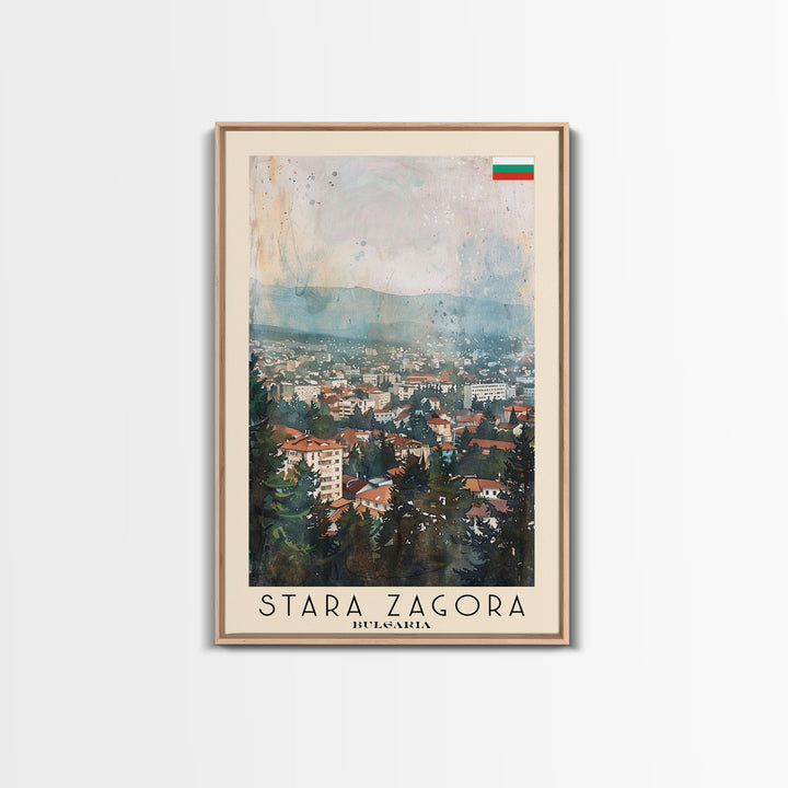 Stara Zagora Bulgaria Travel Poster Framed Canvas Print, Watercolor Painting, Scenic Wall Art, Home Decor, Bulgarian Landscape, Modern Art