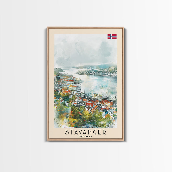 Stavanger Norway Travel Poster Framed Canvas Print, Watercolor Painting, Coastal Wall Art, Home Decor, Norwegian Seaside, Nautical Decor