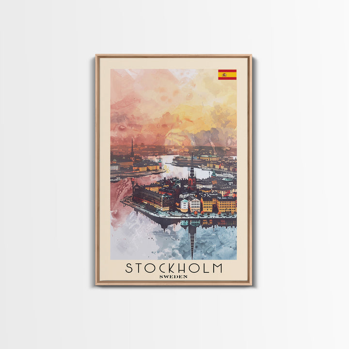 Stockholm Sweden Travel Poster Framed Canvas Print, Watercolor Painting, Scenic Wall Art, Home Decor, Swedish Cityscape, Contemporary Art