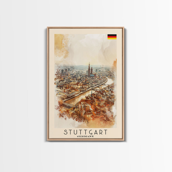 Stuttgart Germany Travel Poster Framed Canvas Print, Watercolor Painting, Urban Wall Art, Home Decor, German Cityscape, Modern Art