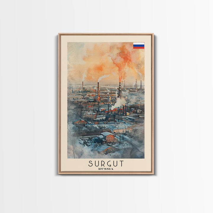 Surgut Russia Travel Poster Framed Canvas Print, Watercolor Painting, Scenic Wall Art, Home Decor, Russian Landscape, Minimalist Art