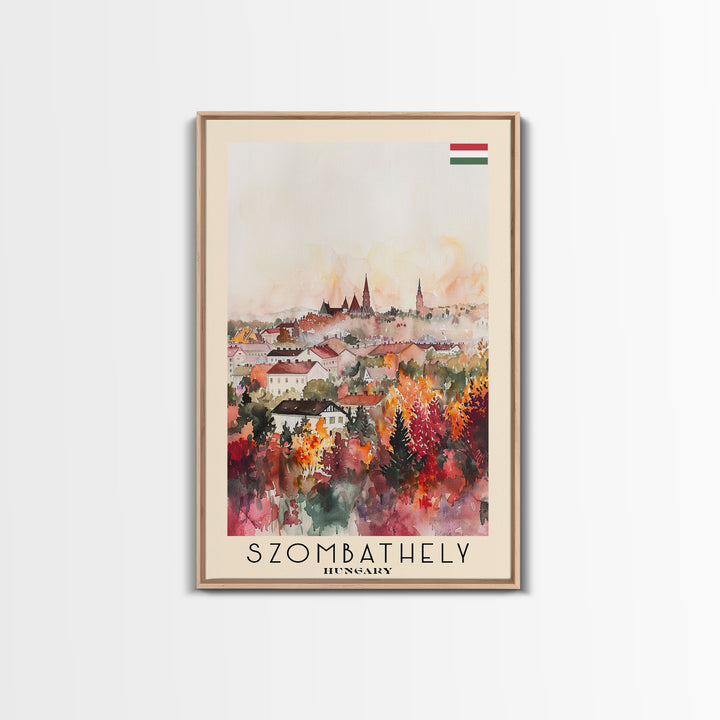 Szombathely Hungary Travel Poster Framed Canvas Print, Watercolor Painting, Scenic Wall Art, Home Decor, Hungarian Cityscape, Classic Art