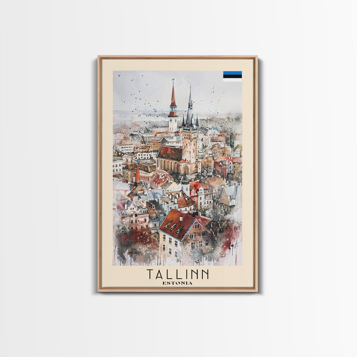 Tallinn Estonia Travel Poster Framed Canvas Print, Watercolor Painting, Scenic Wall Art, Home Decor, Estonian Cityscape, Modern Art