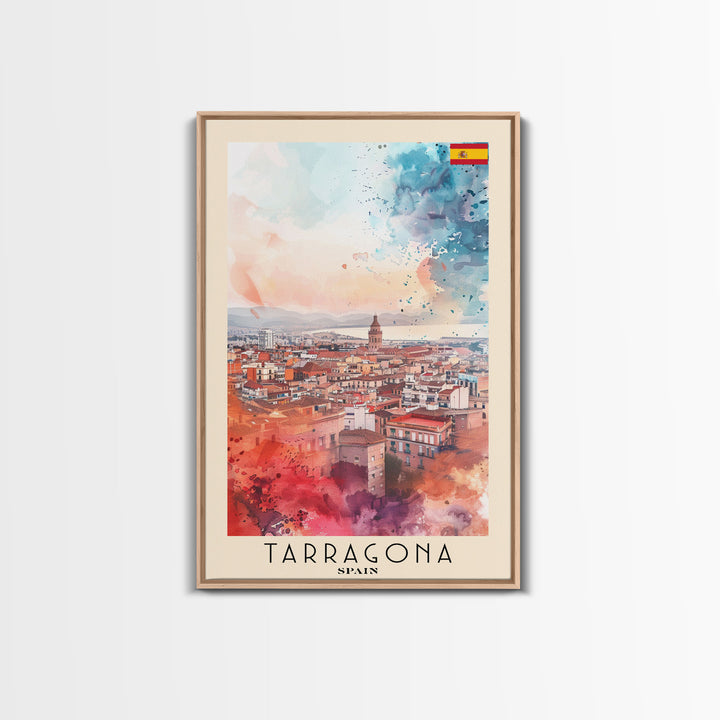 Tarragona Spain Travel Poster Framed Canvas Print, Watercolor Painting, Scenic Wall Art, Home Decor, Spanish Cityscape, Classic Art