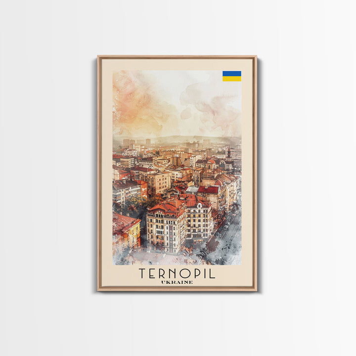 Ternopil Ukraine Travel Poster Framed Canvas Print, Watercolor Painting, Scenic Wall Art, Home Decor, Ukrainian Landscape, Classic Decor